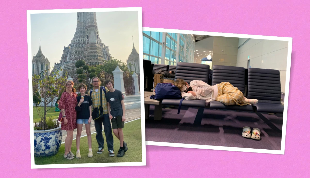 split images of a family posing at Bangkok’s Wat Arun and a boy sleeping at an airport