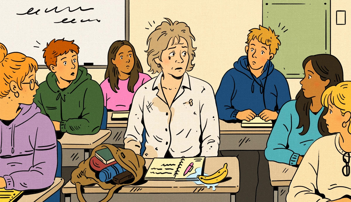 Several younger classmates looking at an older woman in classroom