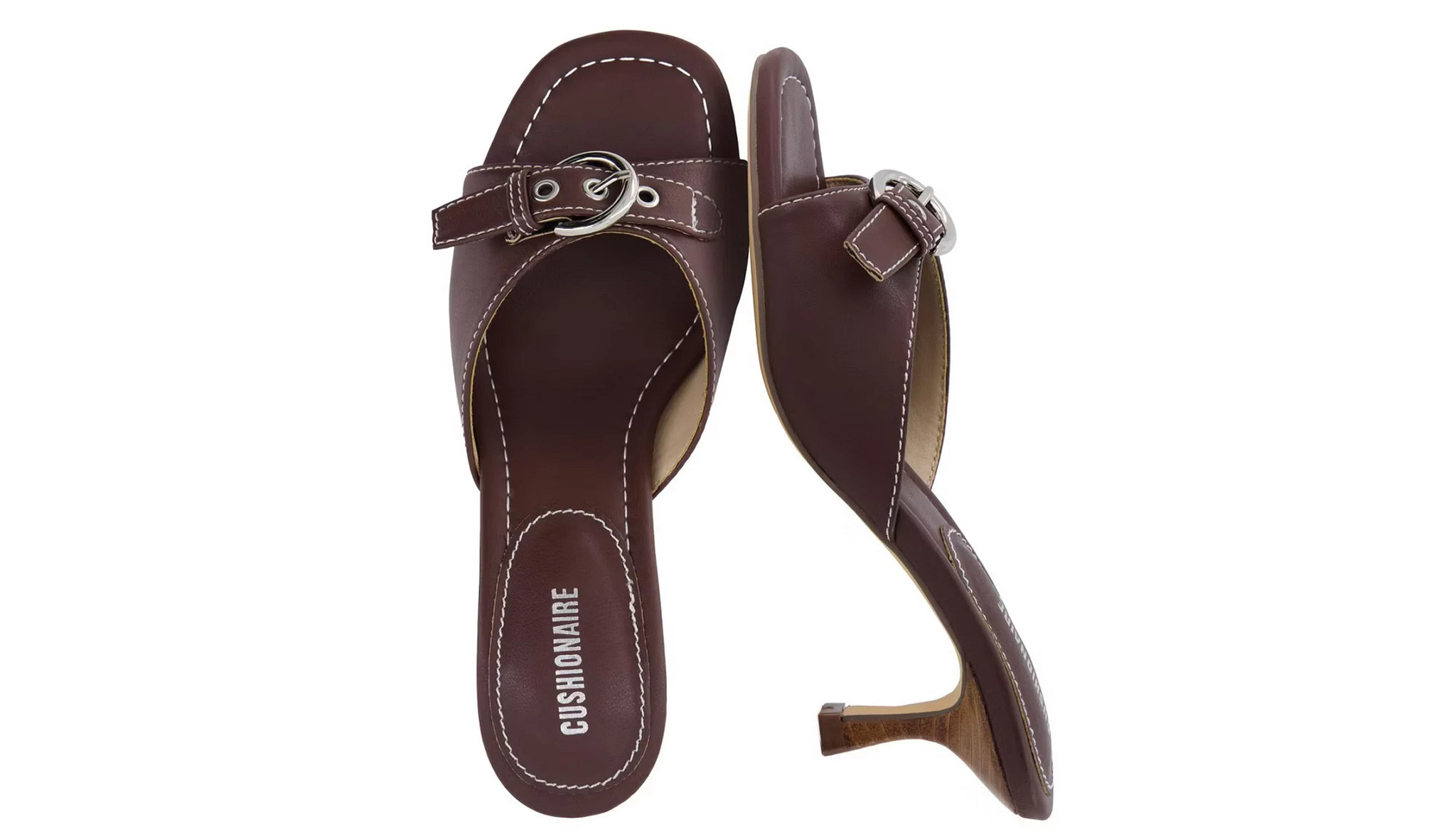 a pair of brown kitten keel open toe shoes