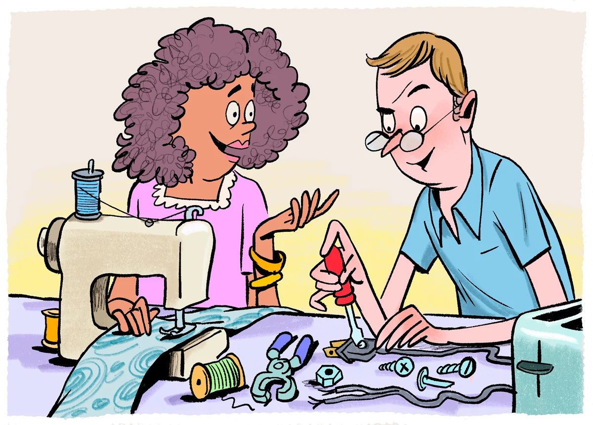 A woman sews on a sewing machine and talks to a man repairing a toaster.
