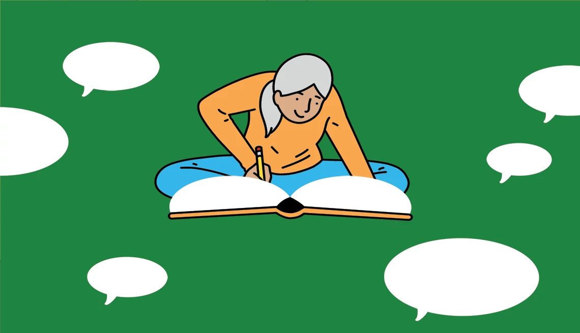 Tell your stories Illustration of woman writing in book with thought bubbles around her