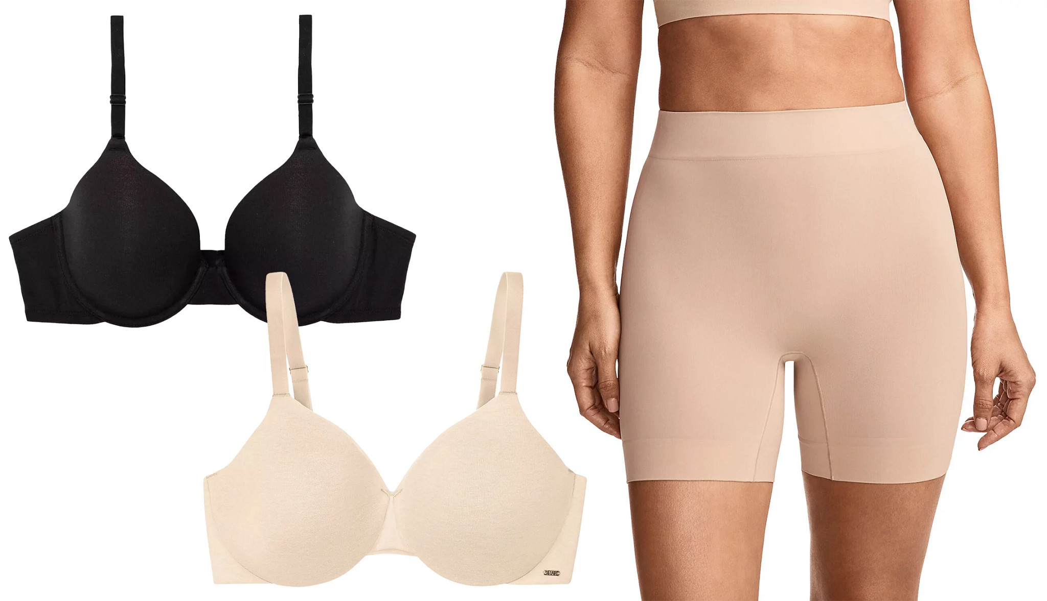 a collage with two bras and a model wearing a pair of cooling slip shorts
