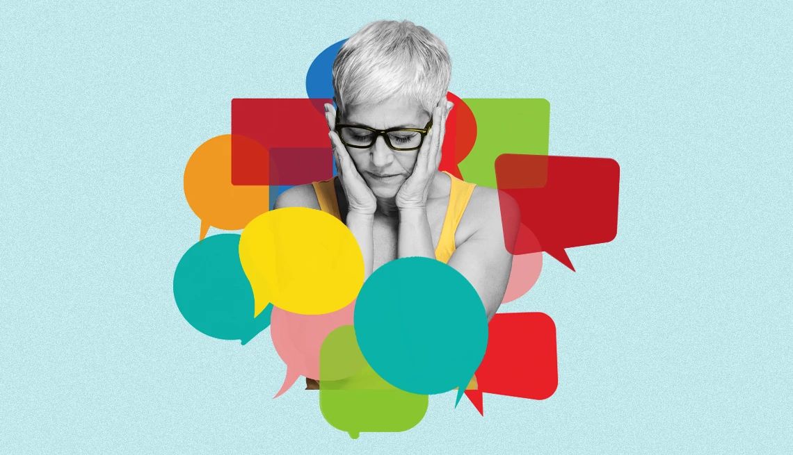 Don't say this to older women a woman holding her hands over her ears surrounded by colorful speech bubbles