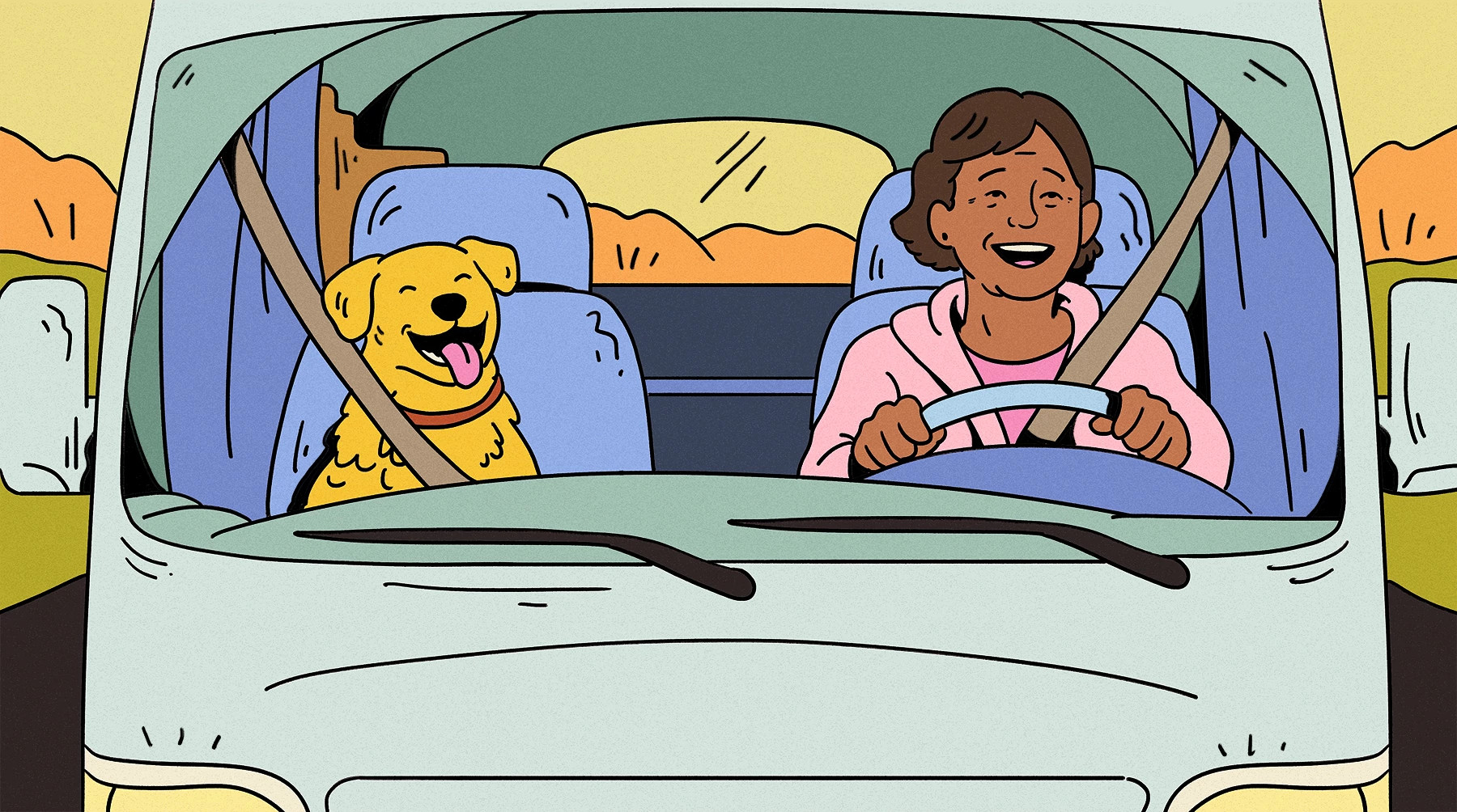 illustration showing a smiling older adult woman driving an RV through a sunny landscape