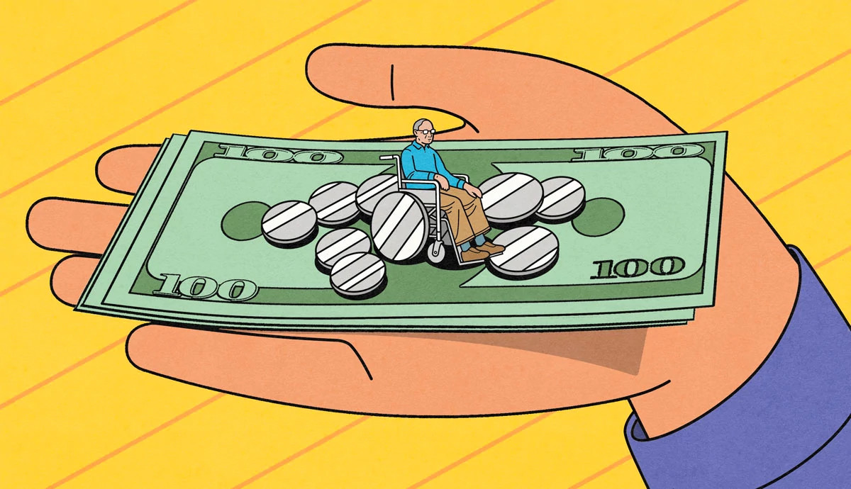 a hand holding money with a person in a wheelchair on top