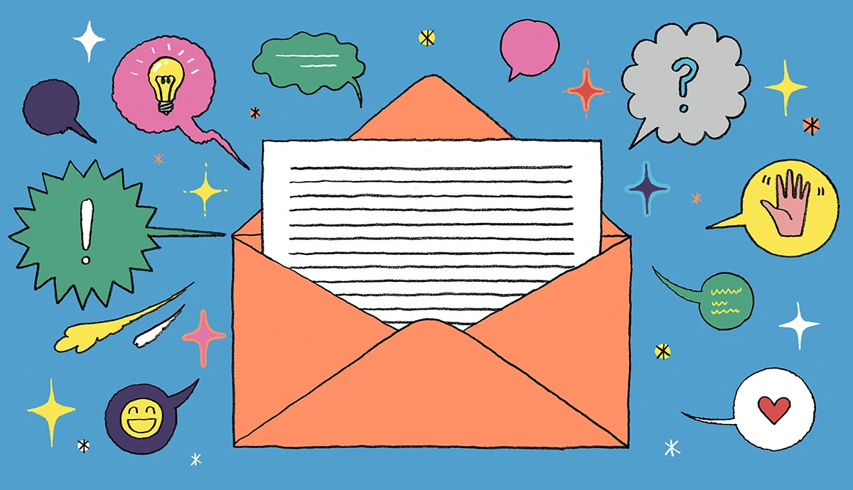 Illustration of various speech bubbles surrounding an open letter