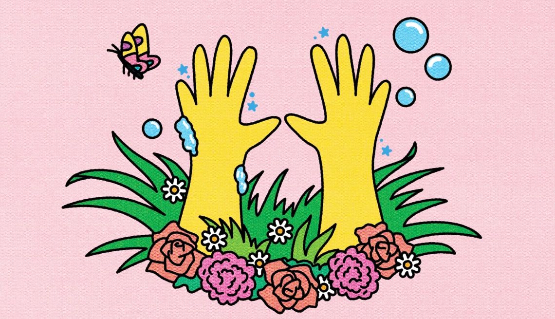 Ilustración de unos guantes y flores simbolizando la limpieza de primavera
