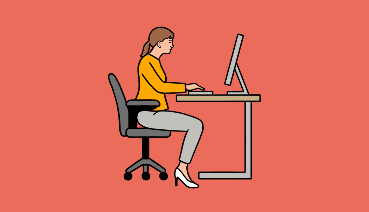 An animation of a woman in desk chair. She goes from slouching to sitting up straight.
