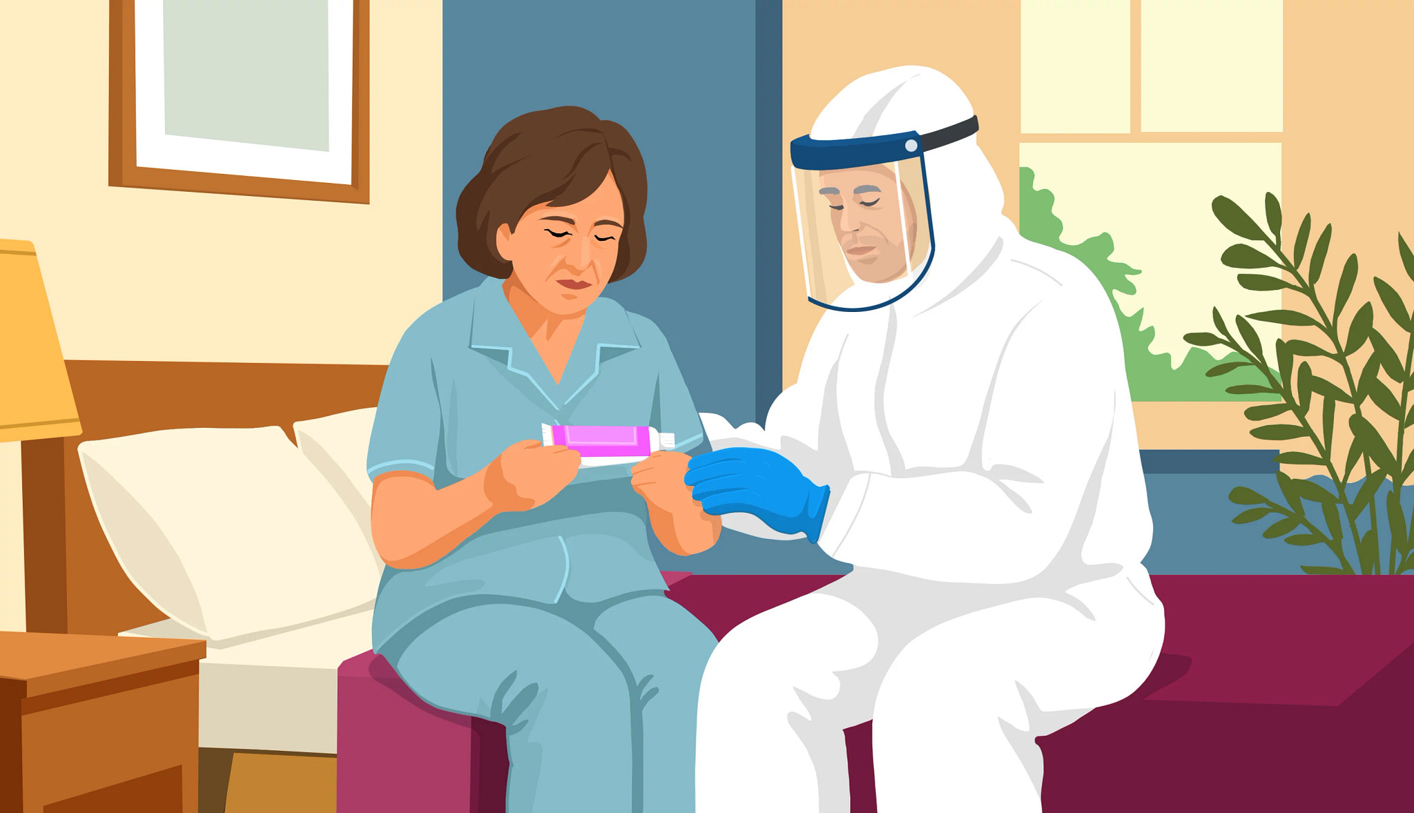 A couple sits together on their bed. The wife a dispensing a tube of vaginal estrogen, the husband is in a hazmat suit