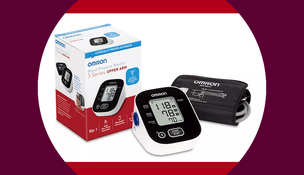 A blood pressure monitor, arm cuff and box