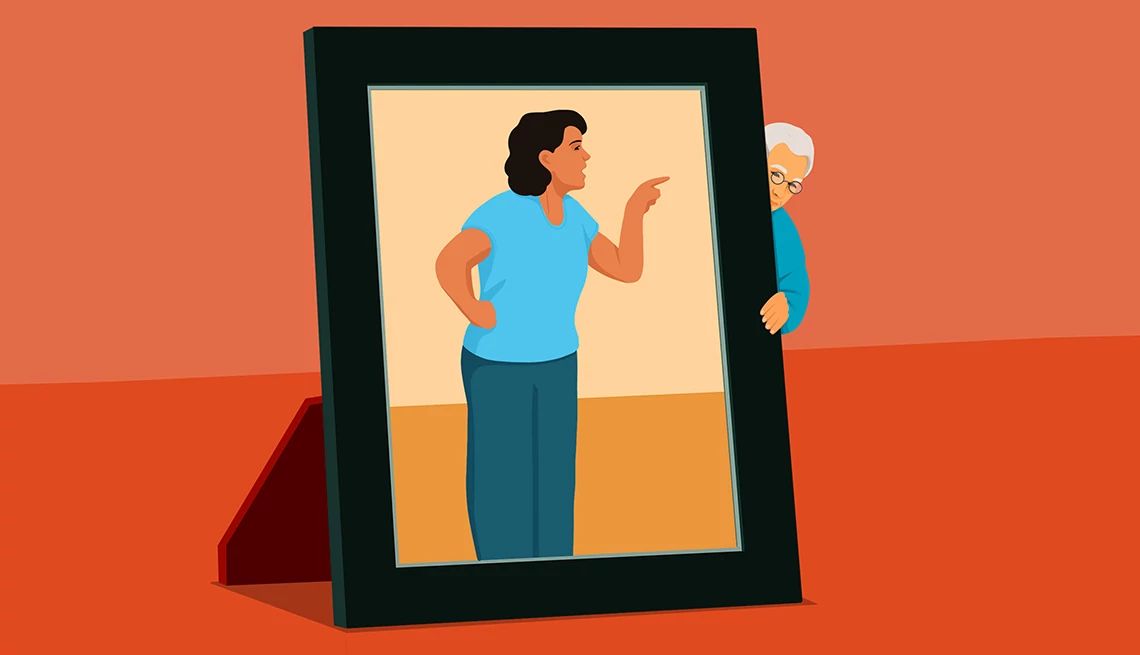 Bad Fight or Emotional Abuse An illustration shows a woman inside a photo frame. She is pointing at a man who is outside the frame and trying to move it