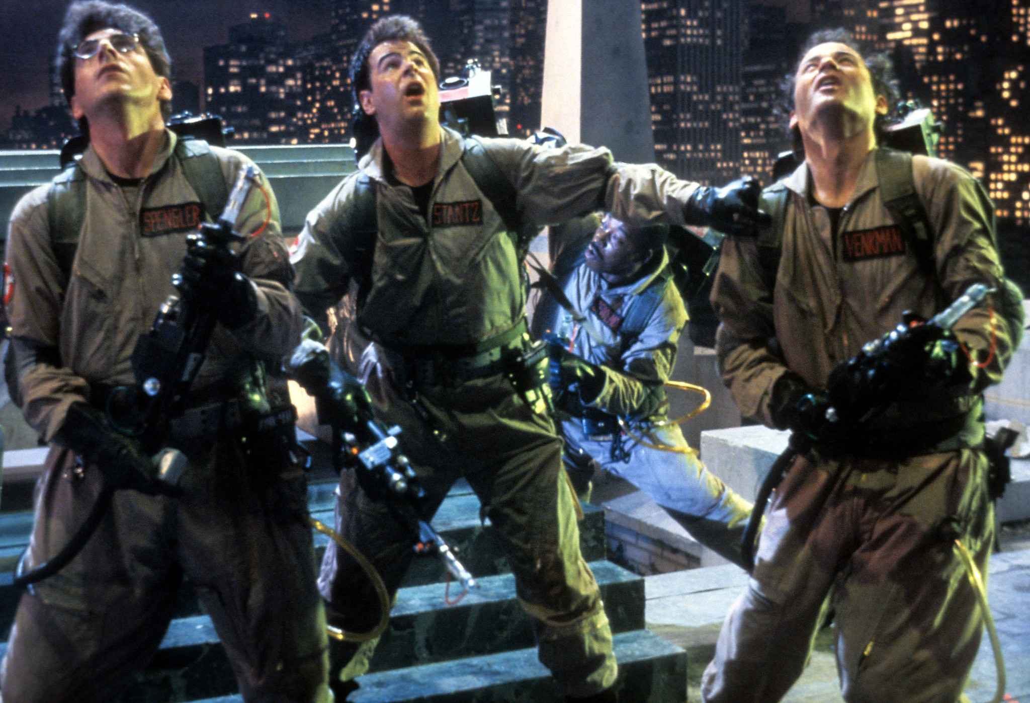 Dan Aykroyd, Harold Ramis, Bill Murray and Ernie Hudson in a still from Ghostbusters