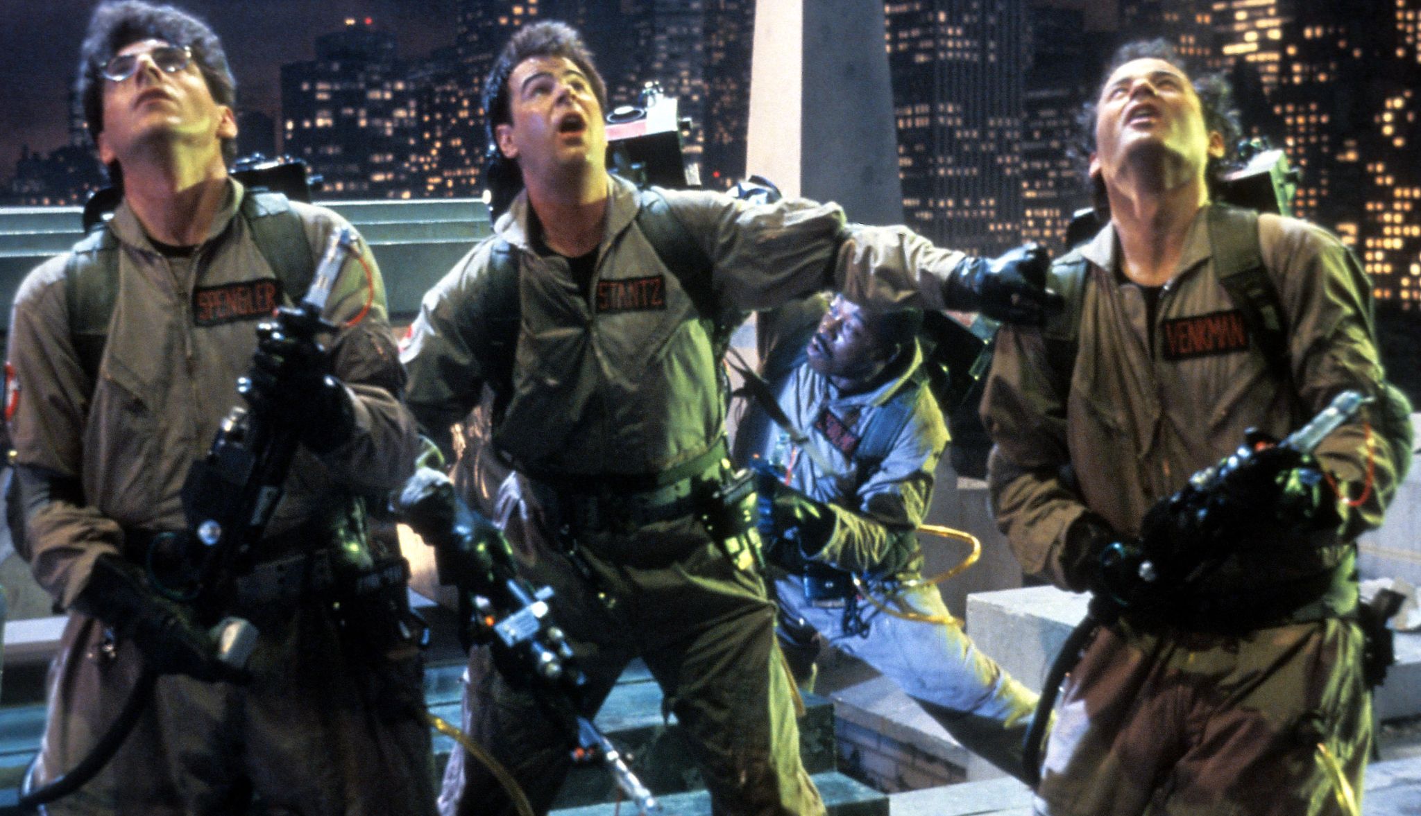 Aykroyd wrote and starred in the film 'Ghostbusters' Dan Aykroyd, Harold Ramis, Bill Murray and Ernie Hudson in a still from Ghostbusters