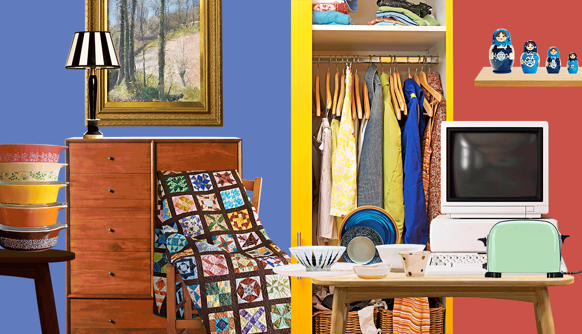 a graphic illustration shows various items in a room of a house stacked and and prepared to be moved