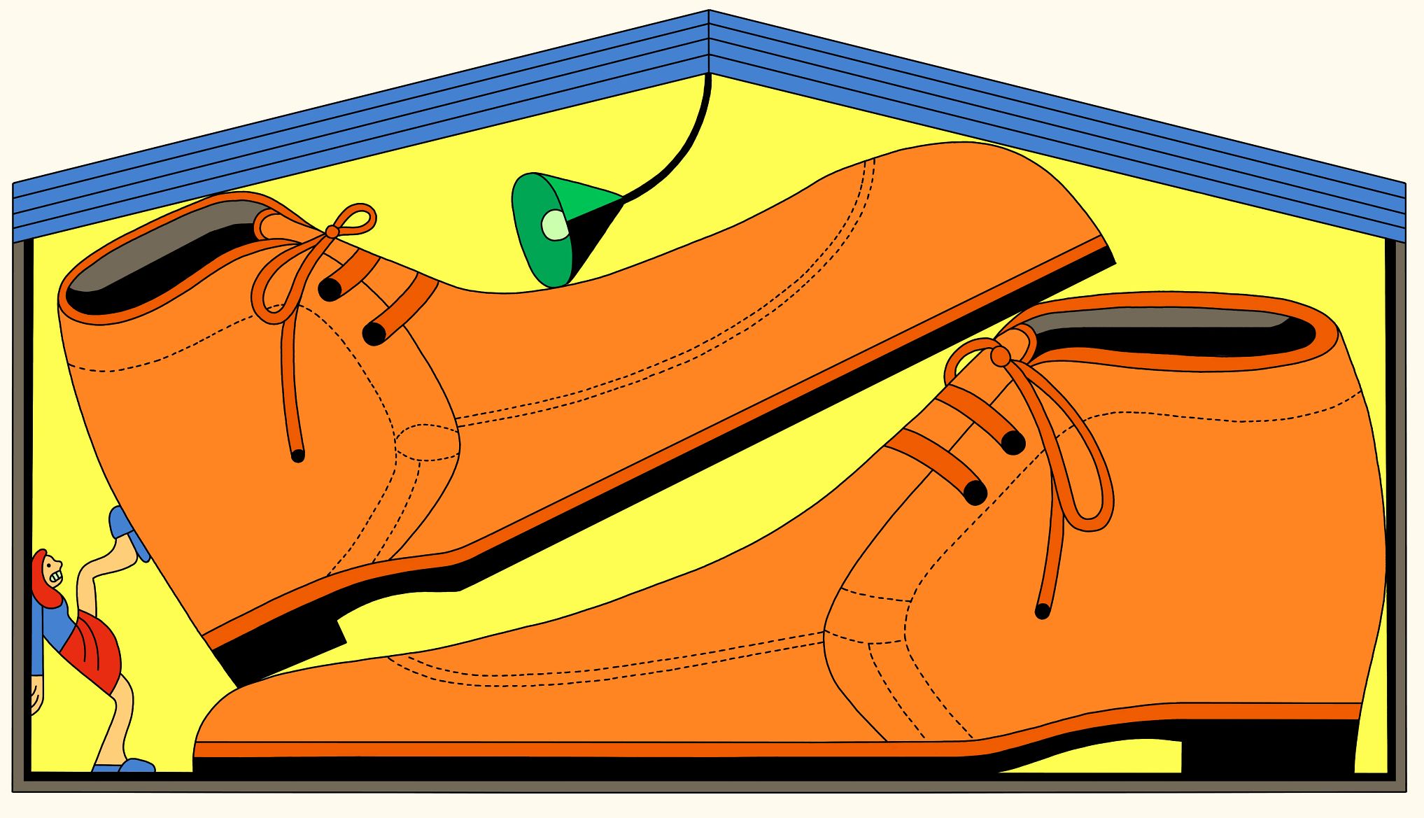 Wearing shoes inside, debate illustration showing a pair of orange boots inside a home