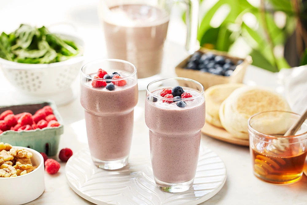Fruit smoothie served in a glass as part of a healthy breakfast
