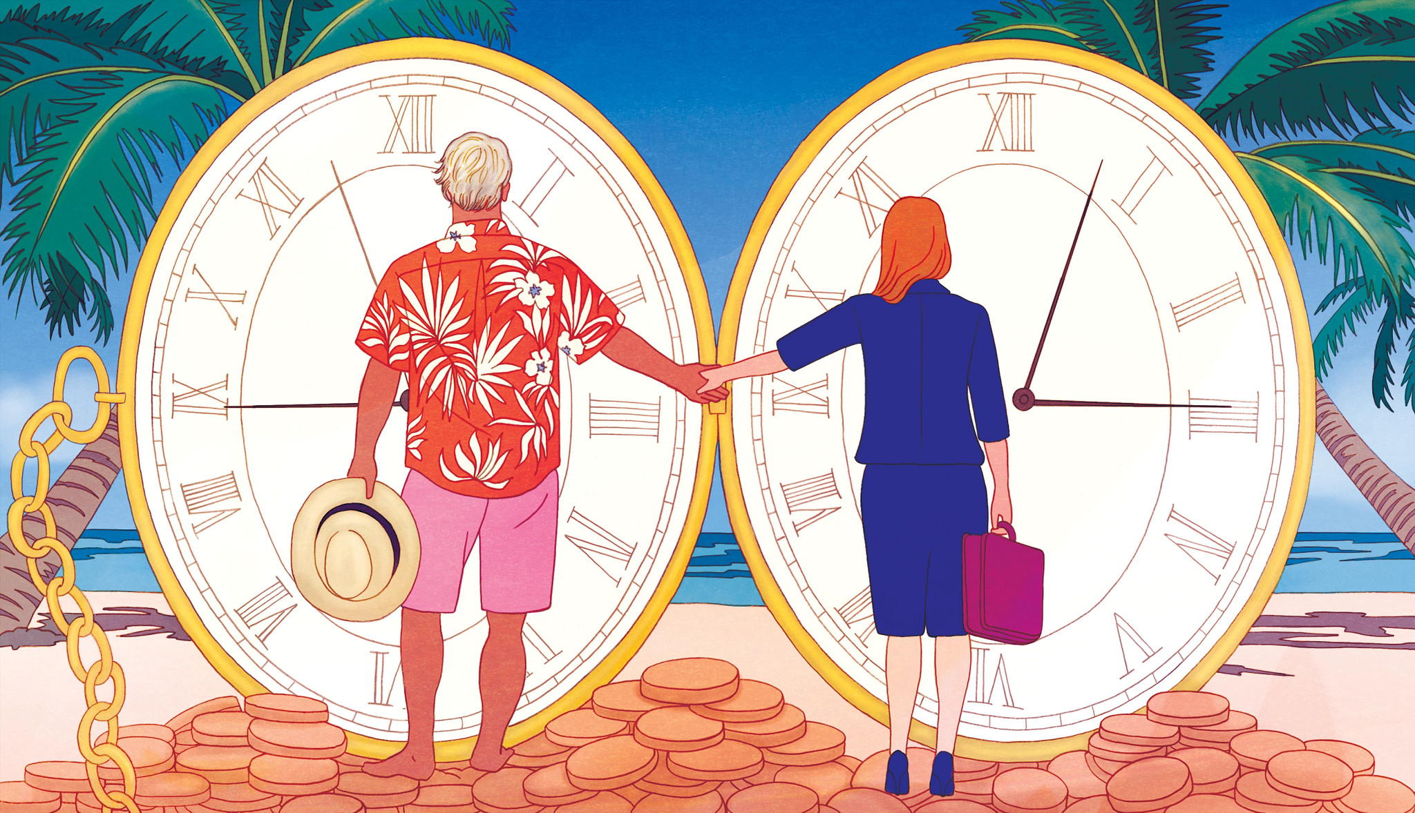 A couple holds hands while standing in front of two large pocket watch frames on a tropical beach with palm trees and stacks of gold coins