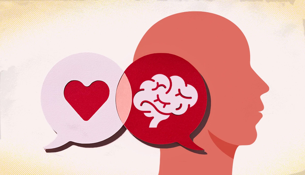 illustration of a red human profile facing right, with two overlapping speech bubbles placed over the head. One bubble contains a heart icon and the other contains a brain icon