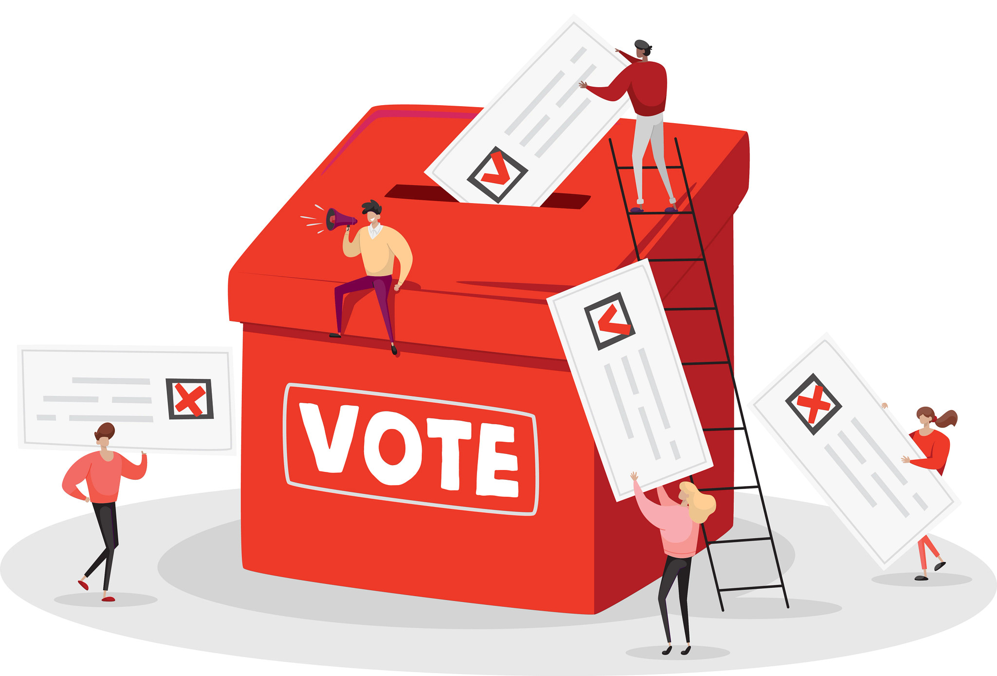 people voting and around a ballot box