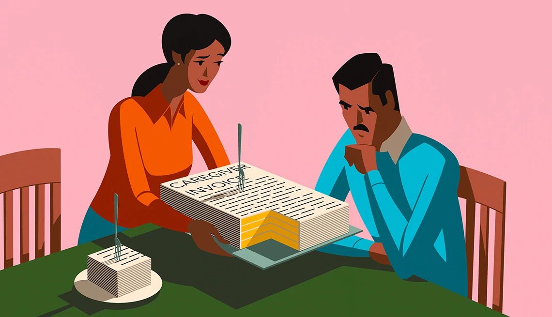 How to Split Parents Caregiving Expenses a woman serves a man a sheet cake that says caregiver invoice on it