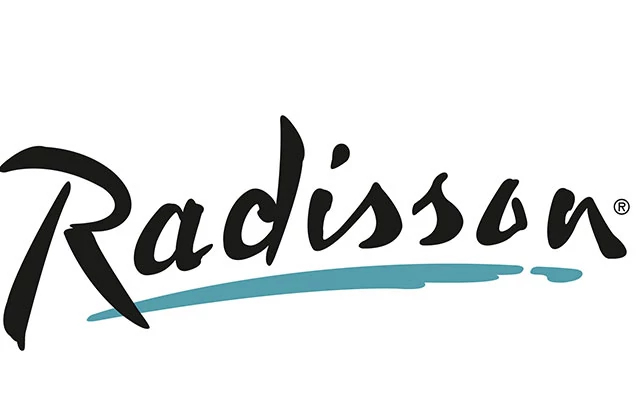 Radisson in black painted like lettering with a blue paint slash under the name