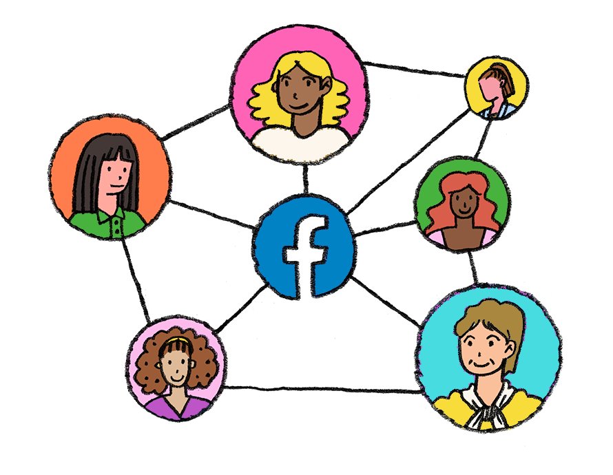 Illustration showing a diverse group of adults connected through a social media platform icon