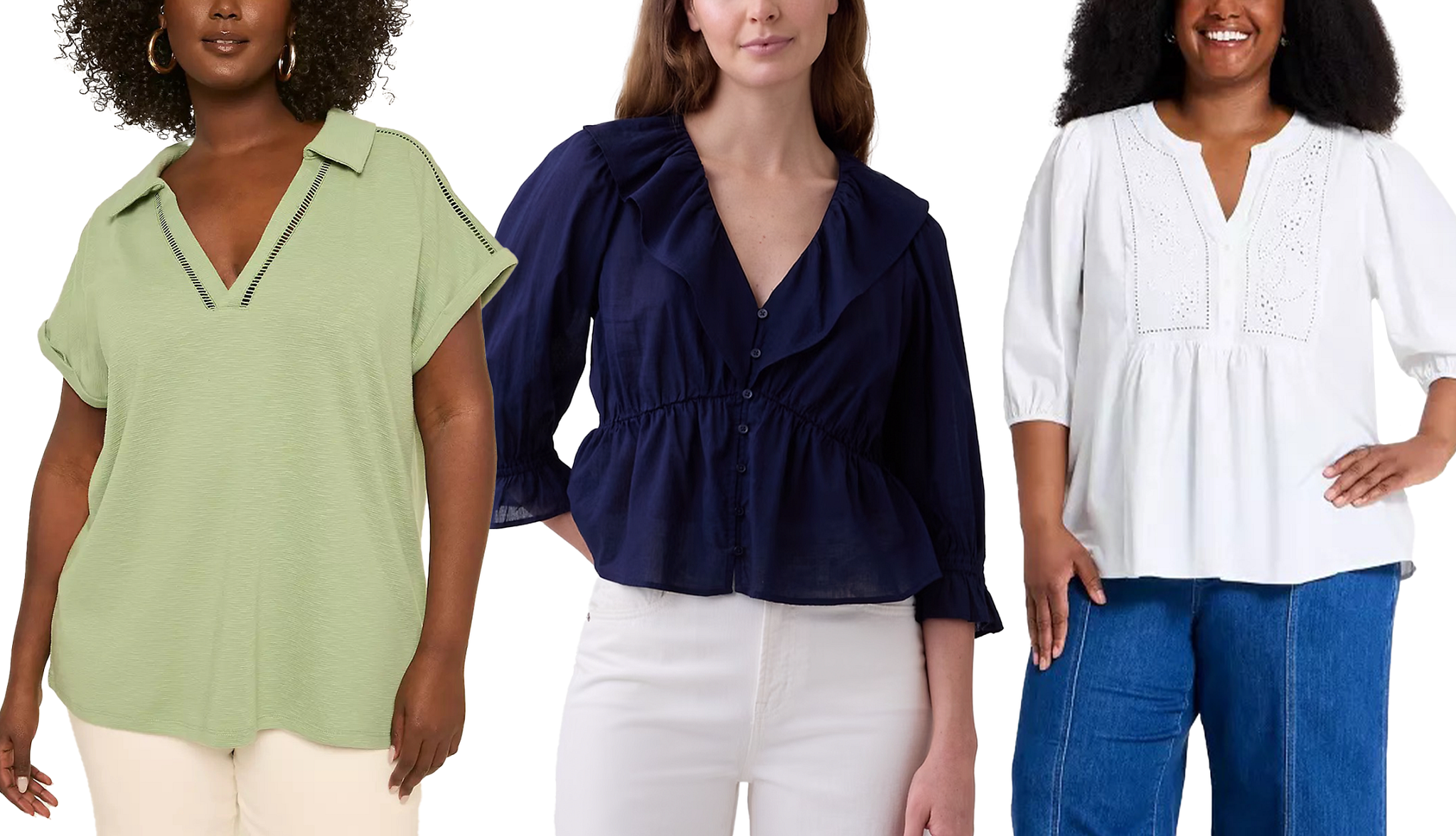 a collage with three models wearing different styles of warm weather blouses