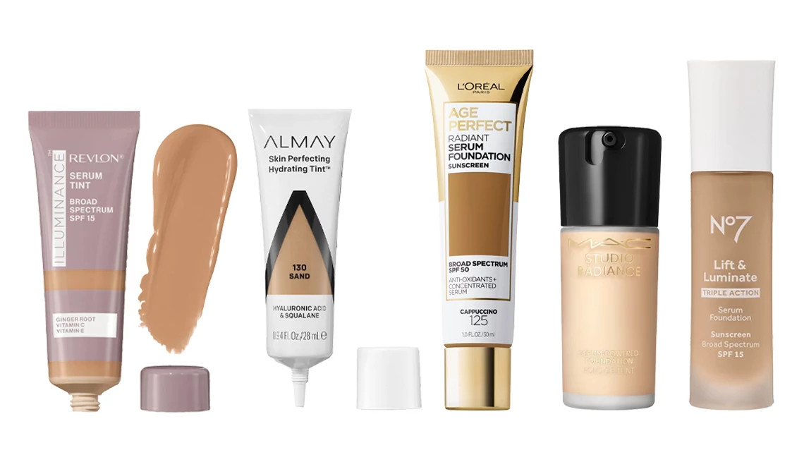 Revlon Illuminance Serum Tint SPF 15; Almay Skin Perfecting Hydrating Tint; L’Oréal Paris Age Perfect Radiant Serum Foundation SPF 50; No7 Lift & Luminate Triple Action Serum Foundation SPF 15