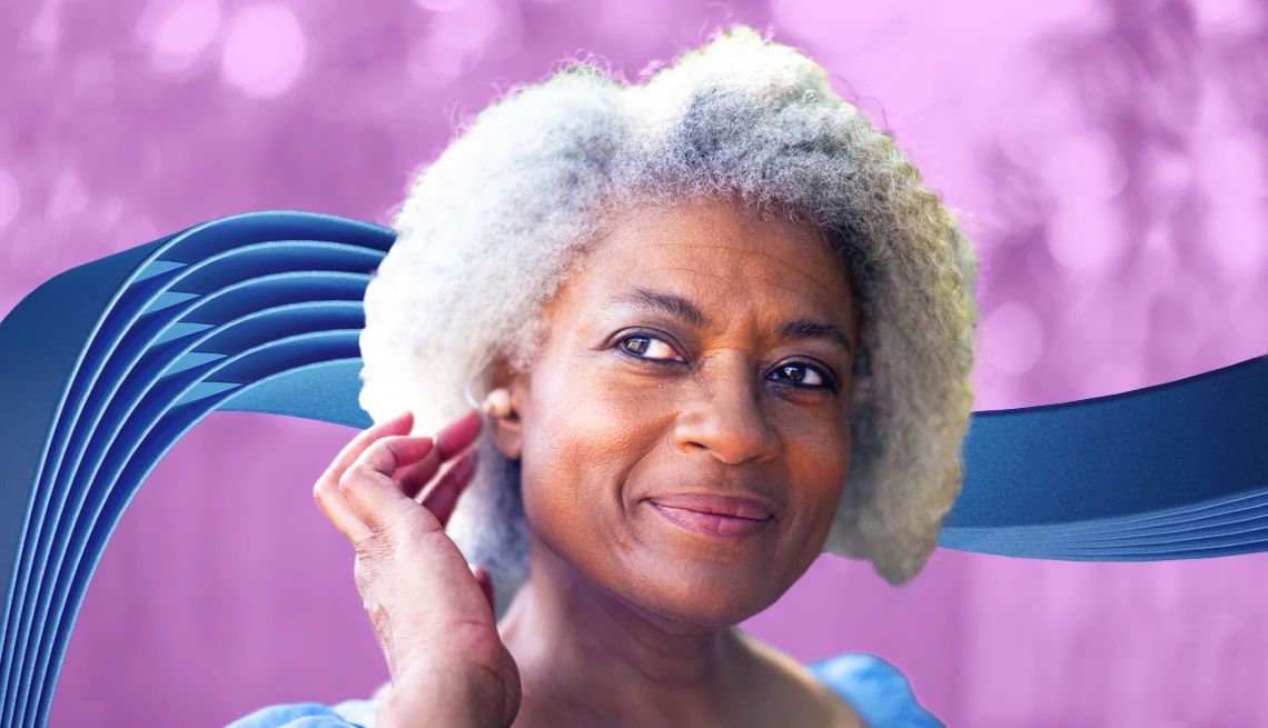 Save Money on Hearing Aids woman with hearing aid on purple background