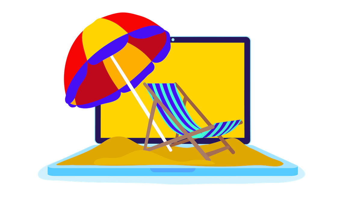 website discounts illustration of a laptop with a beach scene displayed