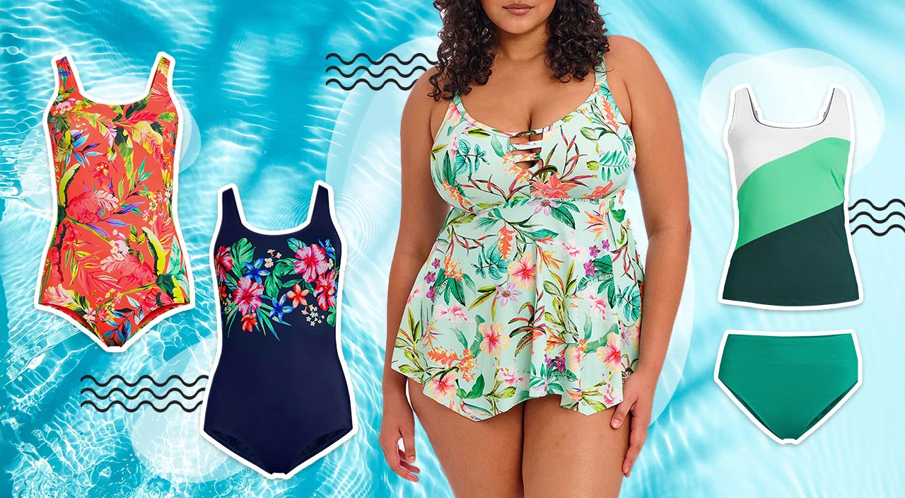 photo collage of bathing suits for older women