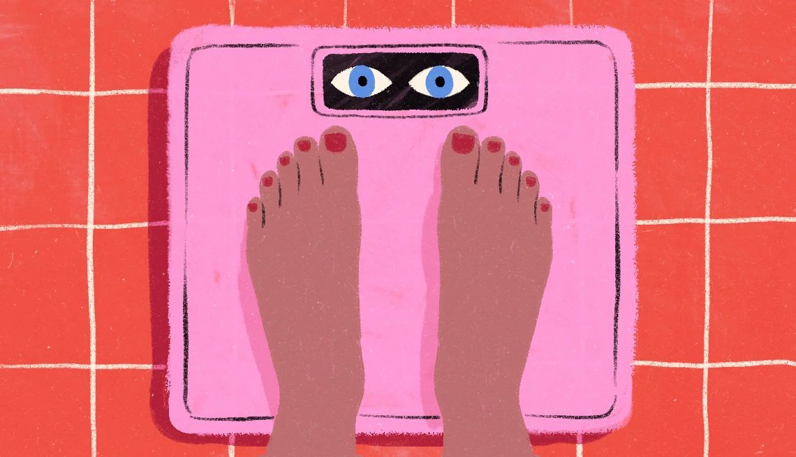 What Not to Ask Someone Using a Weight Loss Drug feet standing on a scale with eyes