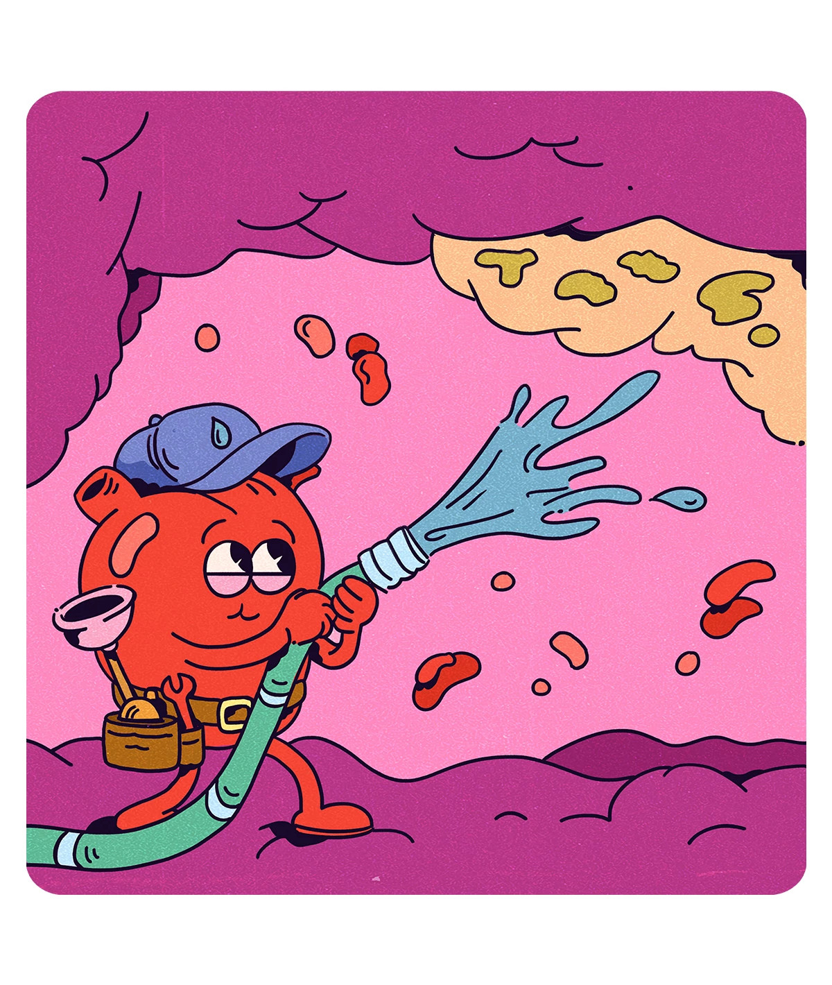 A colorful cartoon illustration representing cardiovascular health, showing an anthropomorphic heart character using a water hose to wash away plaque and maintain clean arteries.