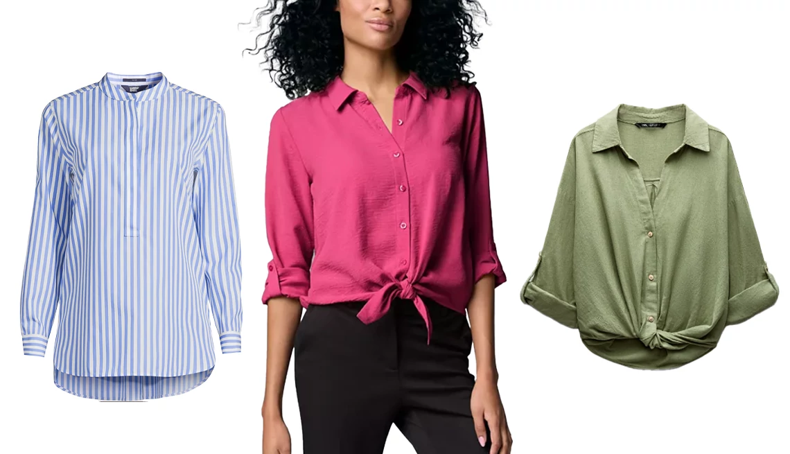 Lands’ End No Iron Banded Collar Popover Shirt in Chicory Blue Stripe; Simply Vera Vera Wang Women’s Knot-Front Roll-Tab Shirt in Pete Rose; Zara Women Knotted Linen Blend Shirt