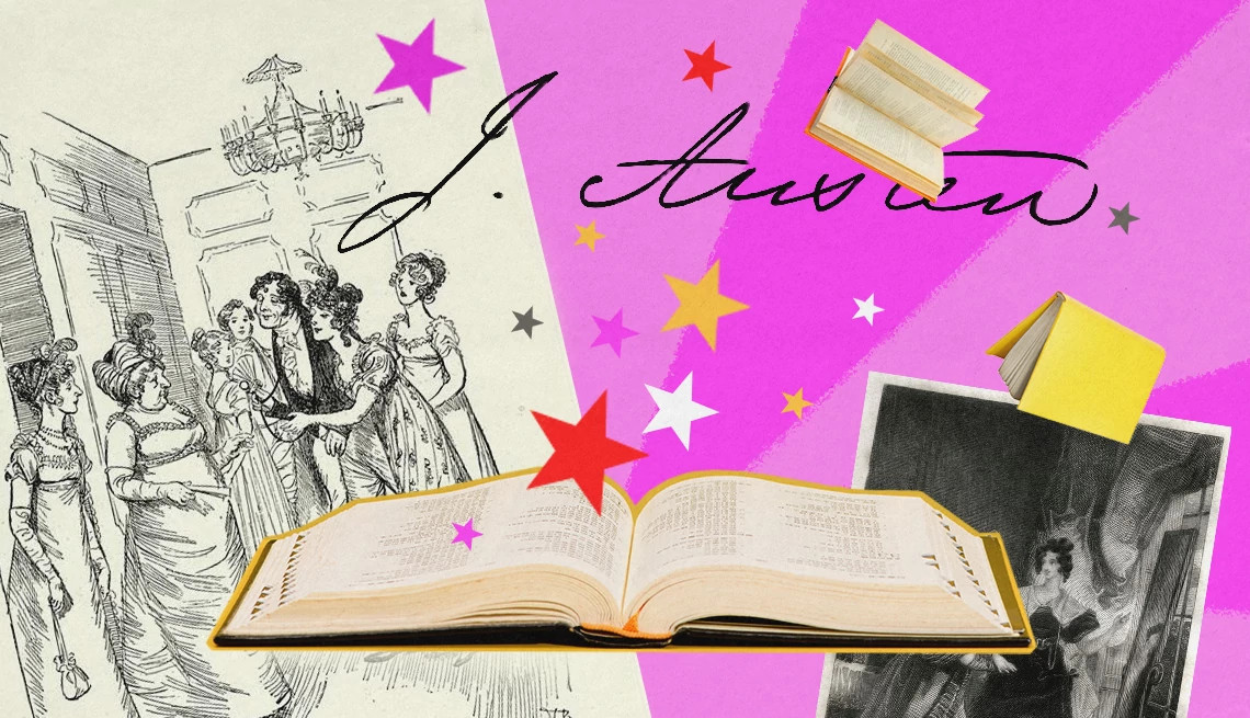 a collage with an open book and images evoking topics from jane austen's novels