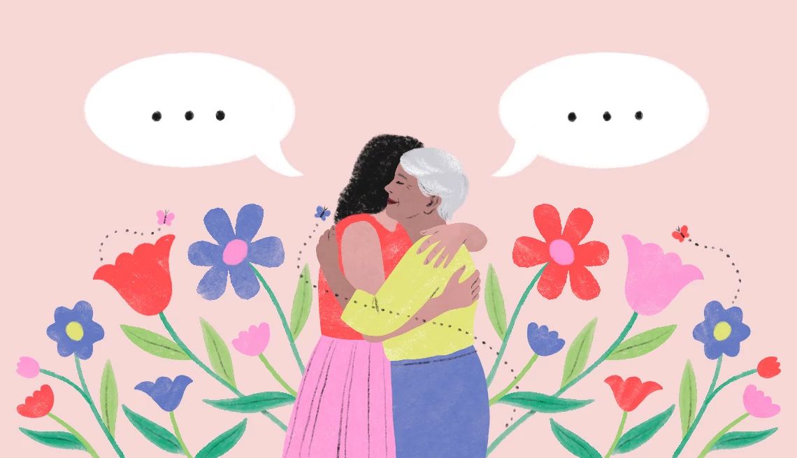 I Love My Mom but Don’t Say It two women hug as blank speech bubbles hang next to their heads