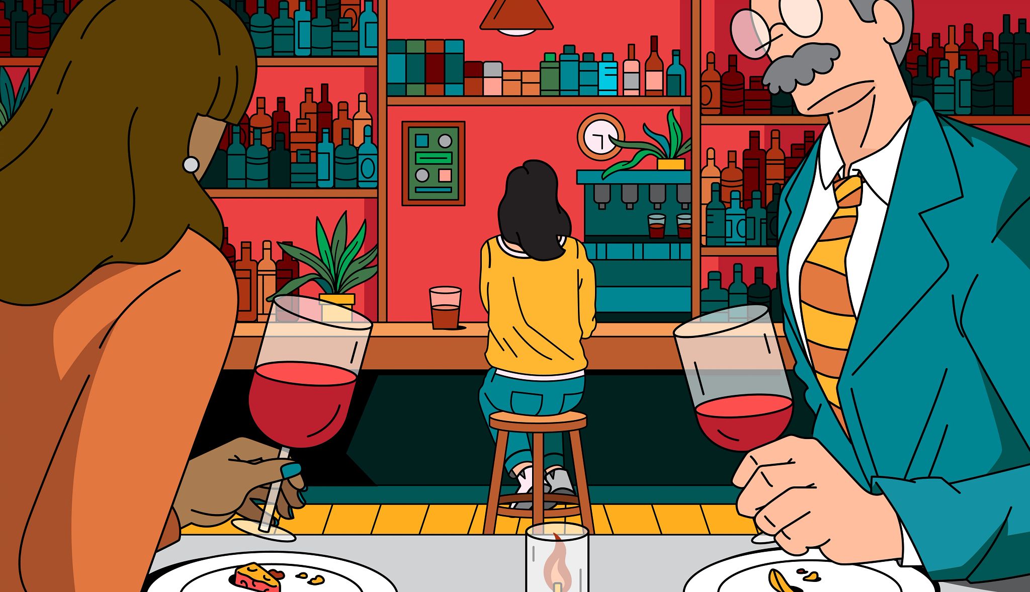 Depiction of a bar showcasing dating in your 50s A detailed illustration of a bar setting, highlighting the patrons' interactions.