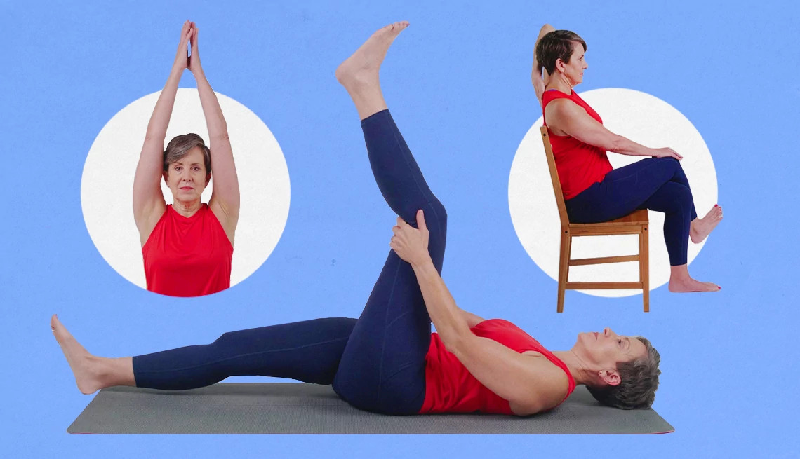 collage on a blue background showing a woman in a red tank top and navy leggings performing three different stretches