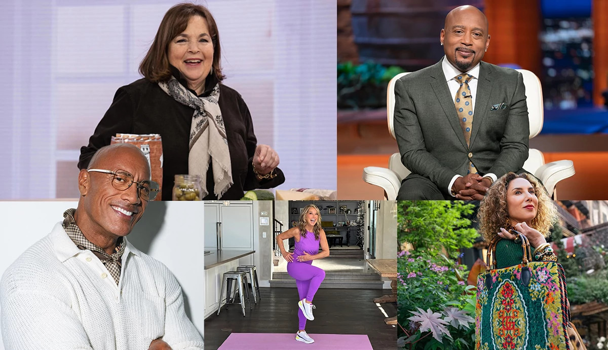 a photo combines images of Denise Austin, Arnold Schwarzenegger, Carla Rockmore, Vera Wang, Ereka Vetrini and Dwayne Johnson.