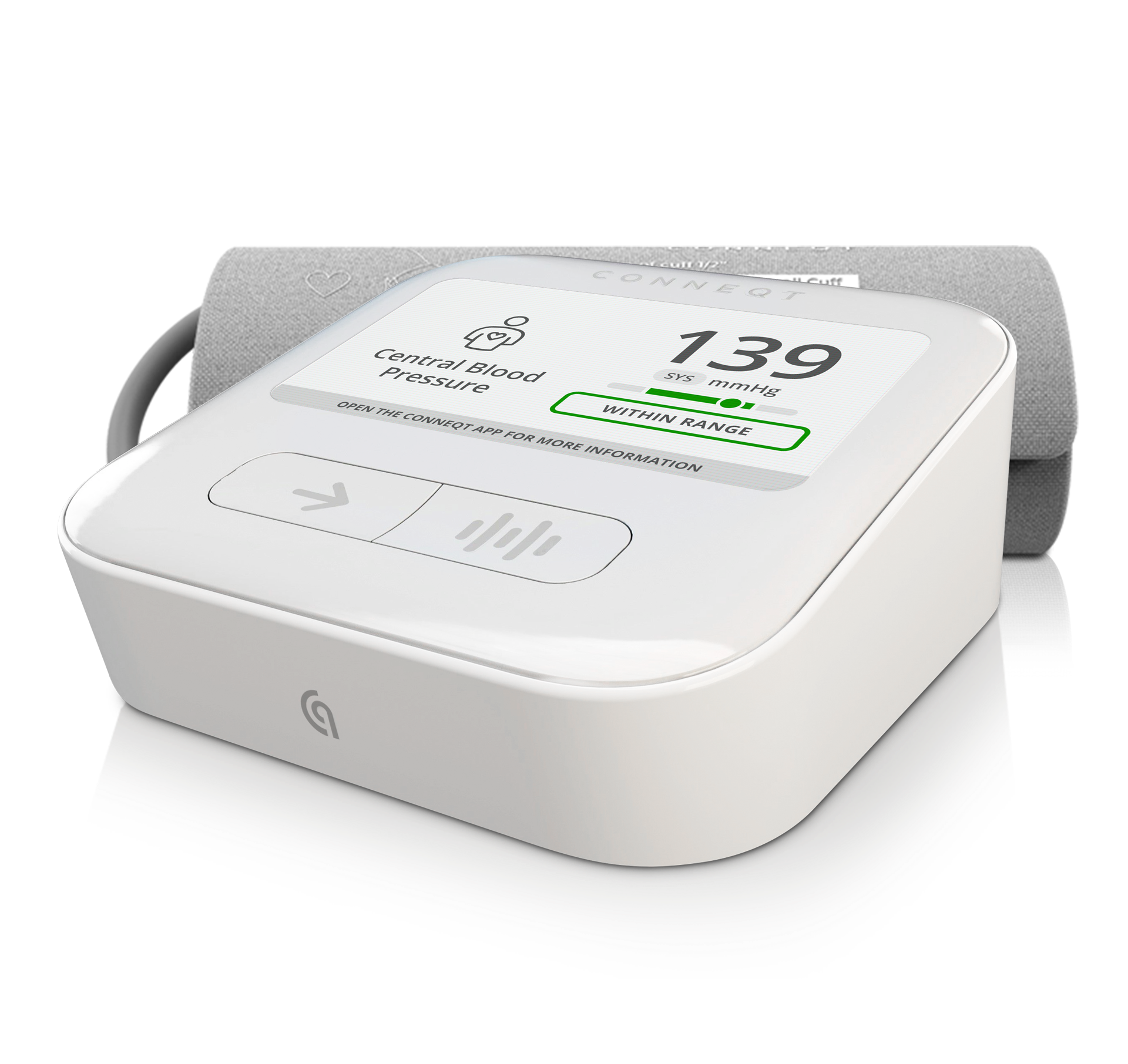 The CONNEQT Pulse blood pressure monitor with the cuff attached