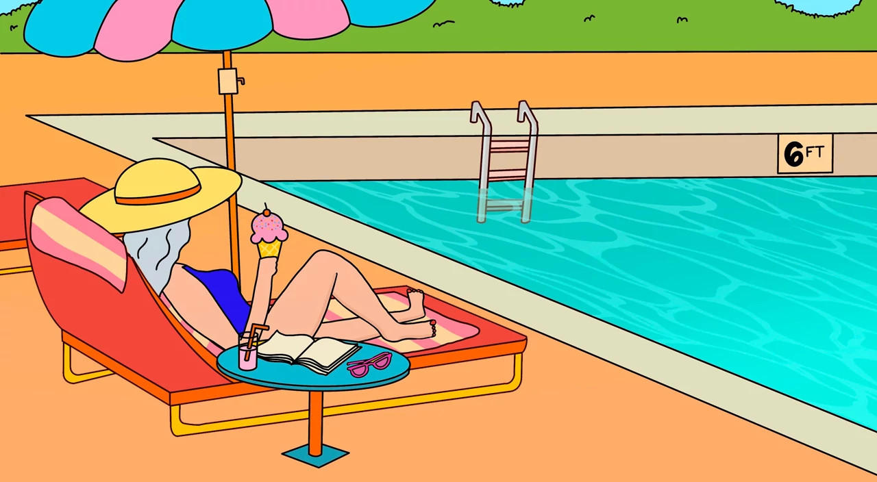 illustration of mature woman enjoying ice cream poolside