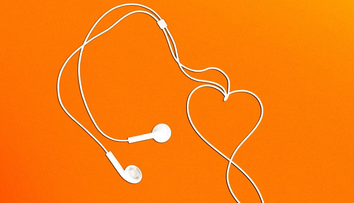Smart Guide to Hearing Health headphones with wires in a heart shape