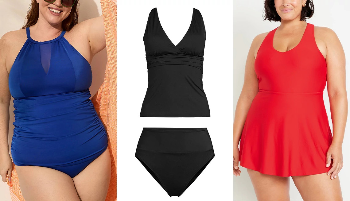 tankinis in two styles and a red swim dress