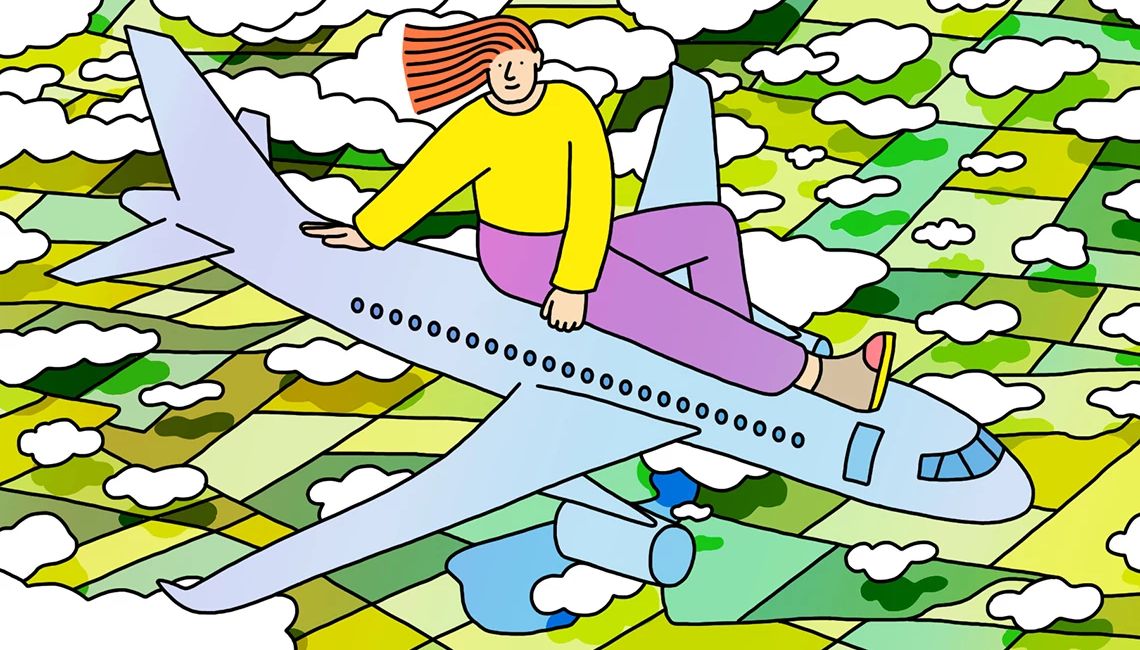 illustration of a person stretched out on an airplane that is flying over a patchwork of fields and clouds