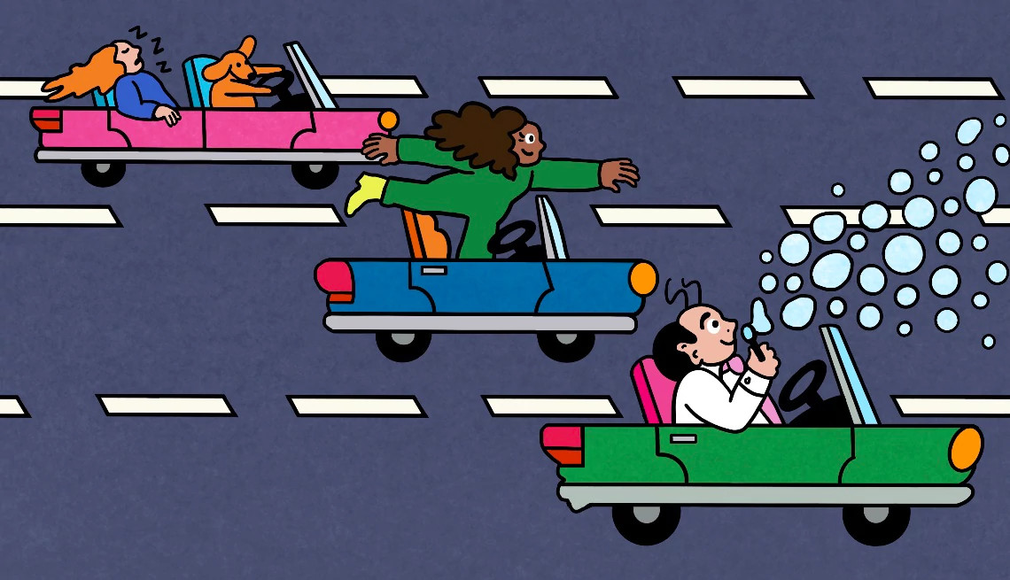 a series of distracted drivers, one sleeping, one standing up and another blowing bubbles