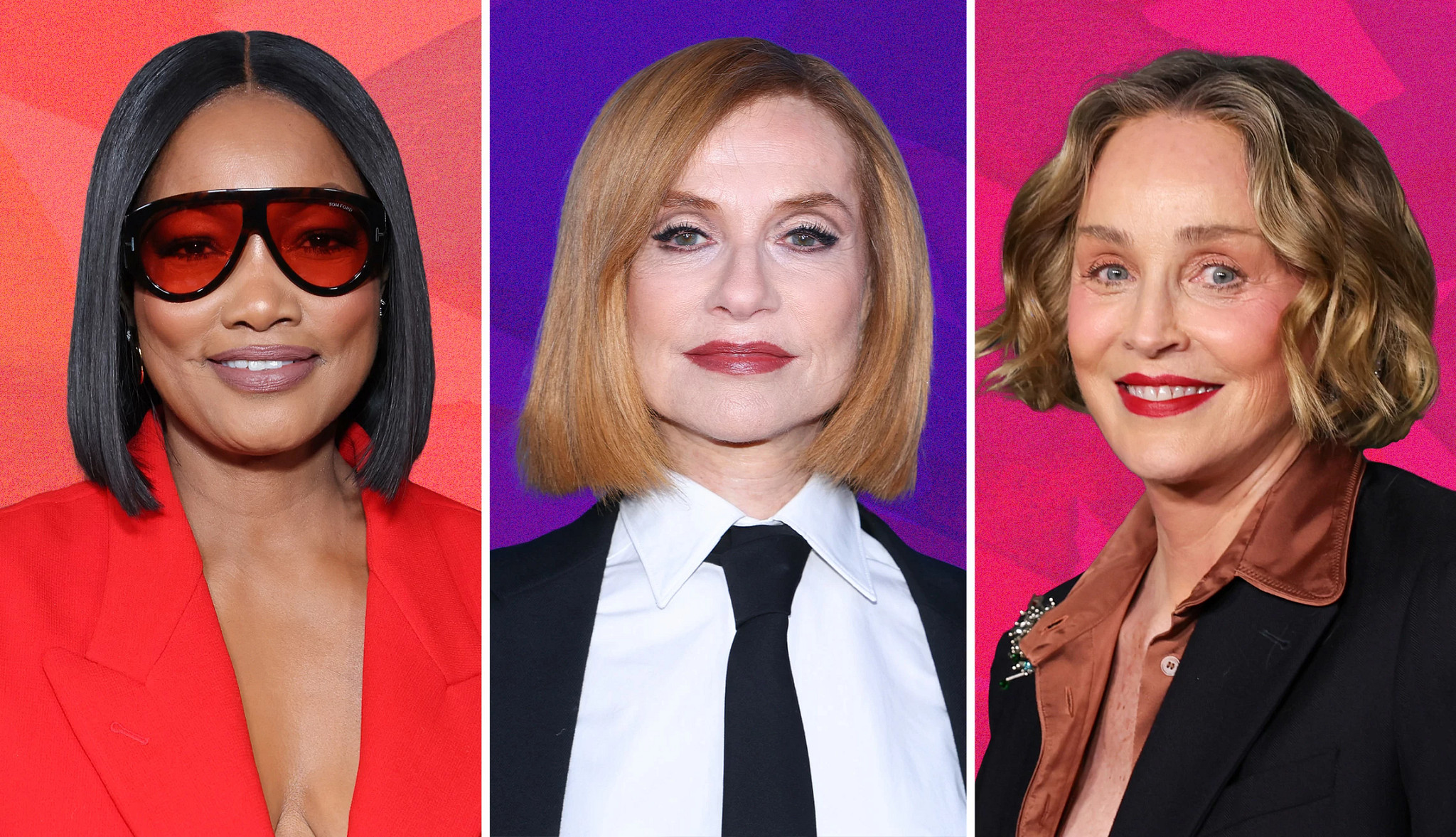 a collage with photos of garcelle beauvais, isabelle huppert and sharon stone wearing box bob haircuts