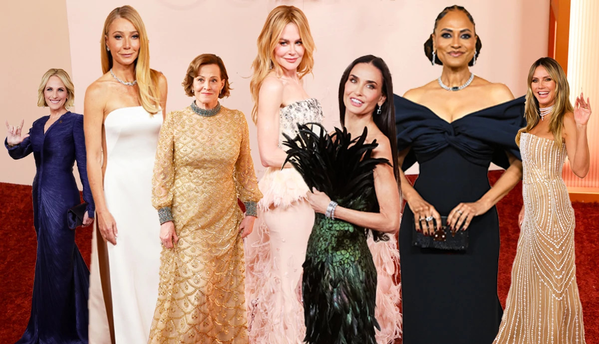 a collage with images of older actors posing on the red carpert during the 2026 oscars