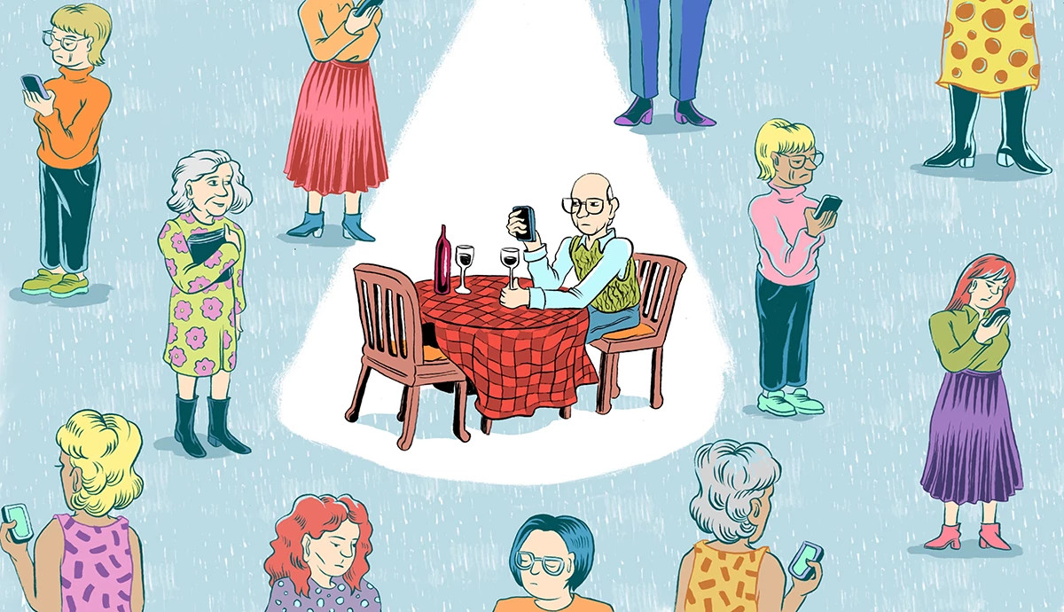 an illustration shows a man sitting alone at a table for two. All around him are various women in the rain checking their phones