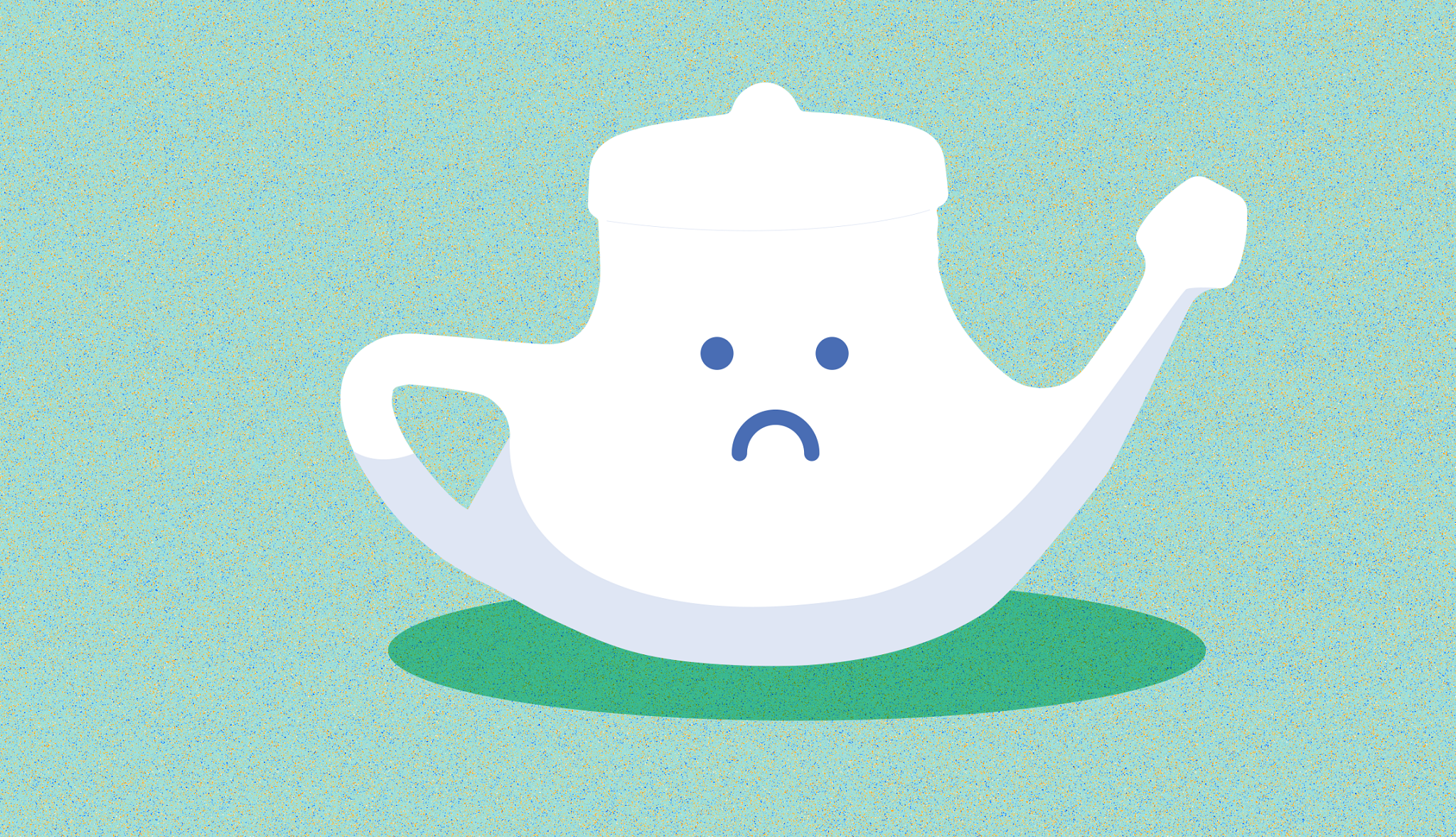 Neti Pot Risks illustration of a neti pot with a frowning face