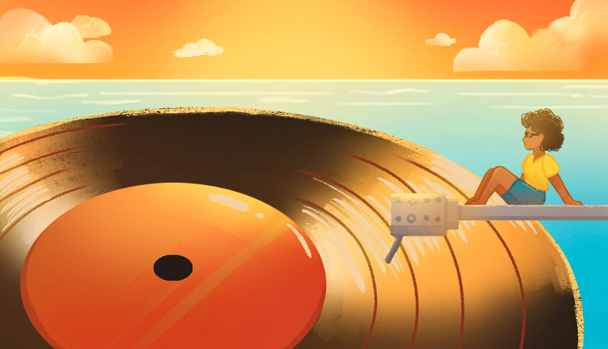 Illustration of a person sitting beside a giant vinyl record on a record player, overlooking the ocean at sunset